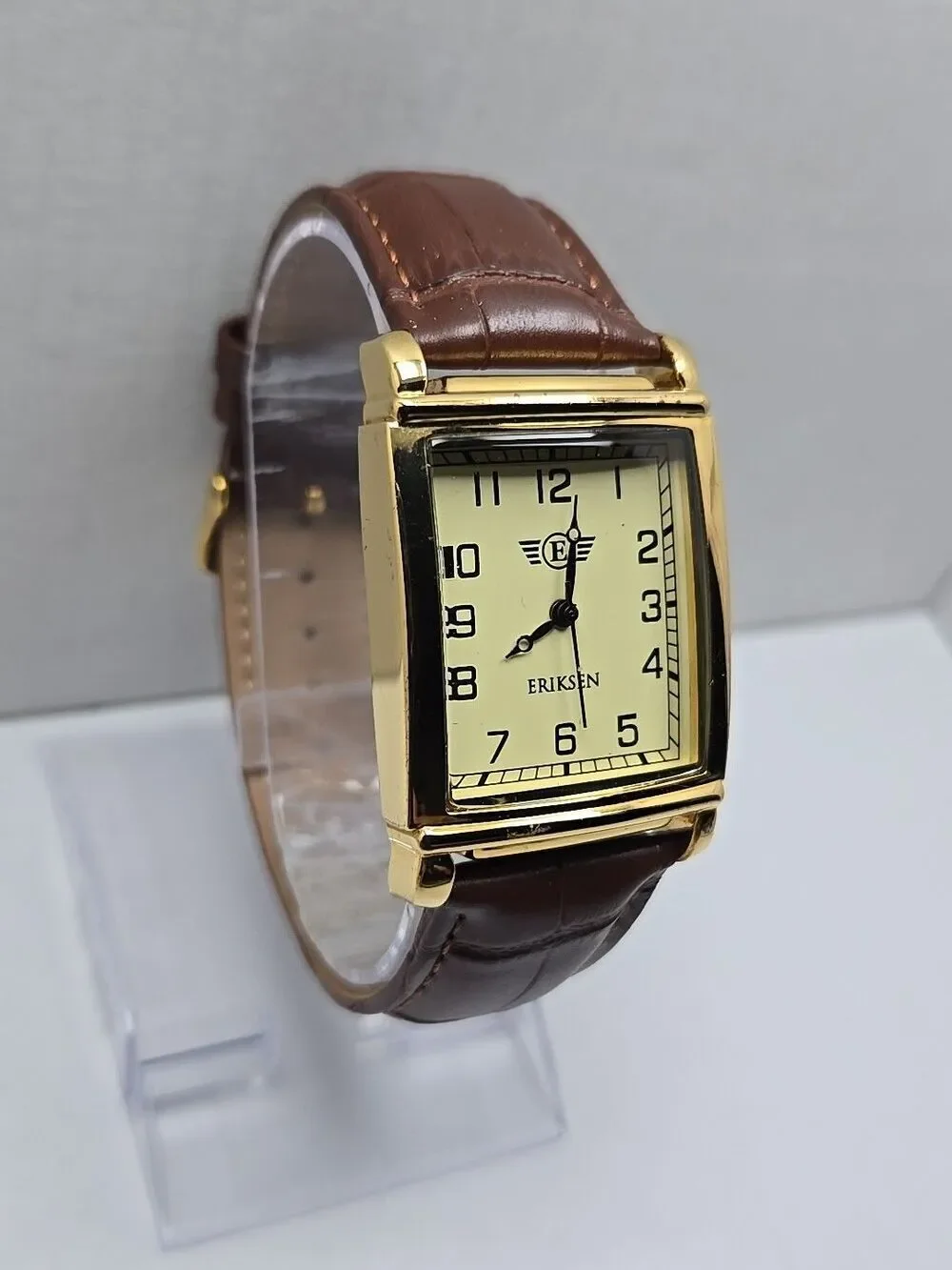Eriksen The Classic Mens Gold Tone 30mm .Tank Watch New Battery Brown Leather